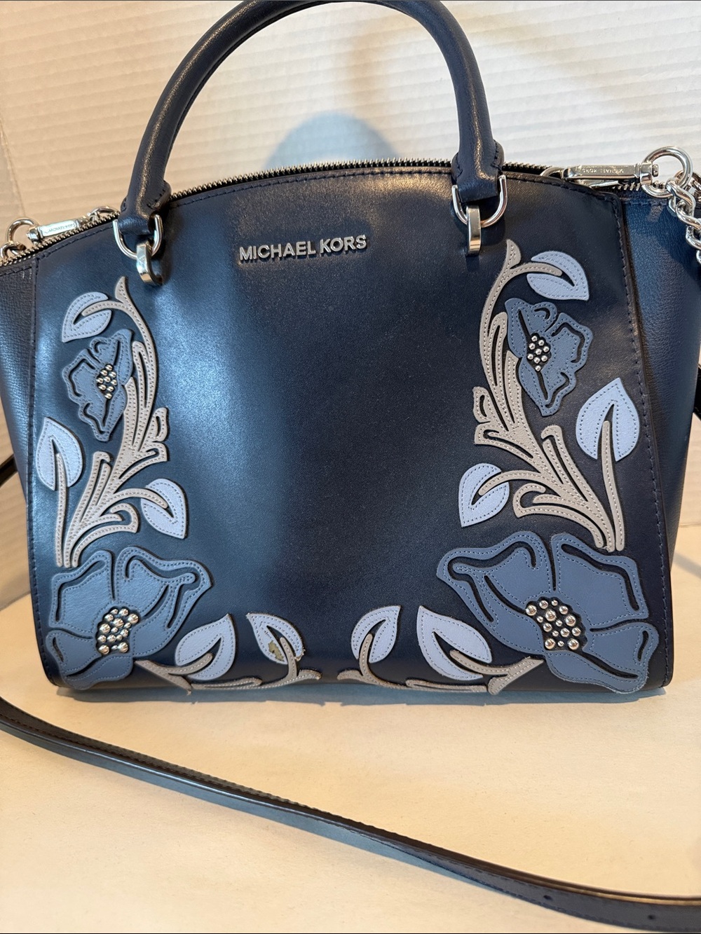 Michael Kors Navy Floral Appliqué Satchel with Removable Strap - Picture 3 of 9